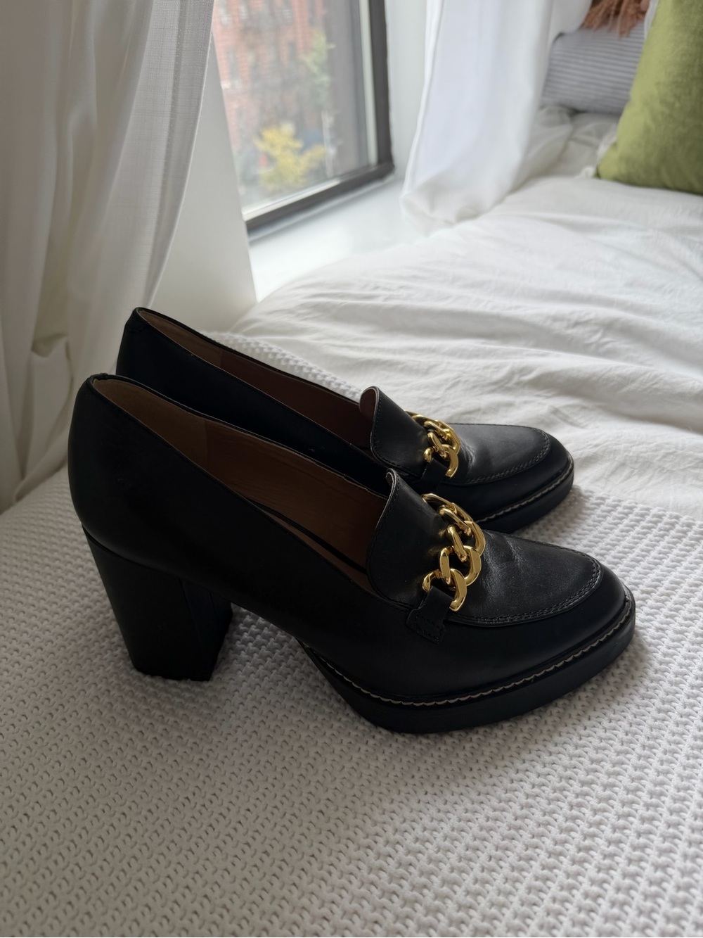 Naturalized Black Leather Chain-Accent Block Heel Loafers
